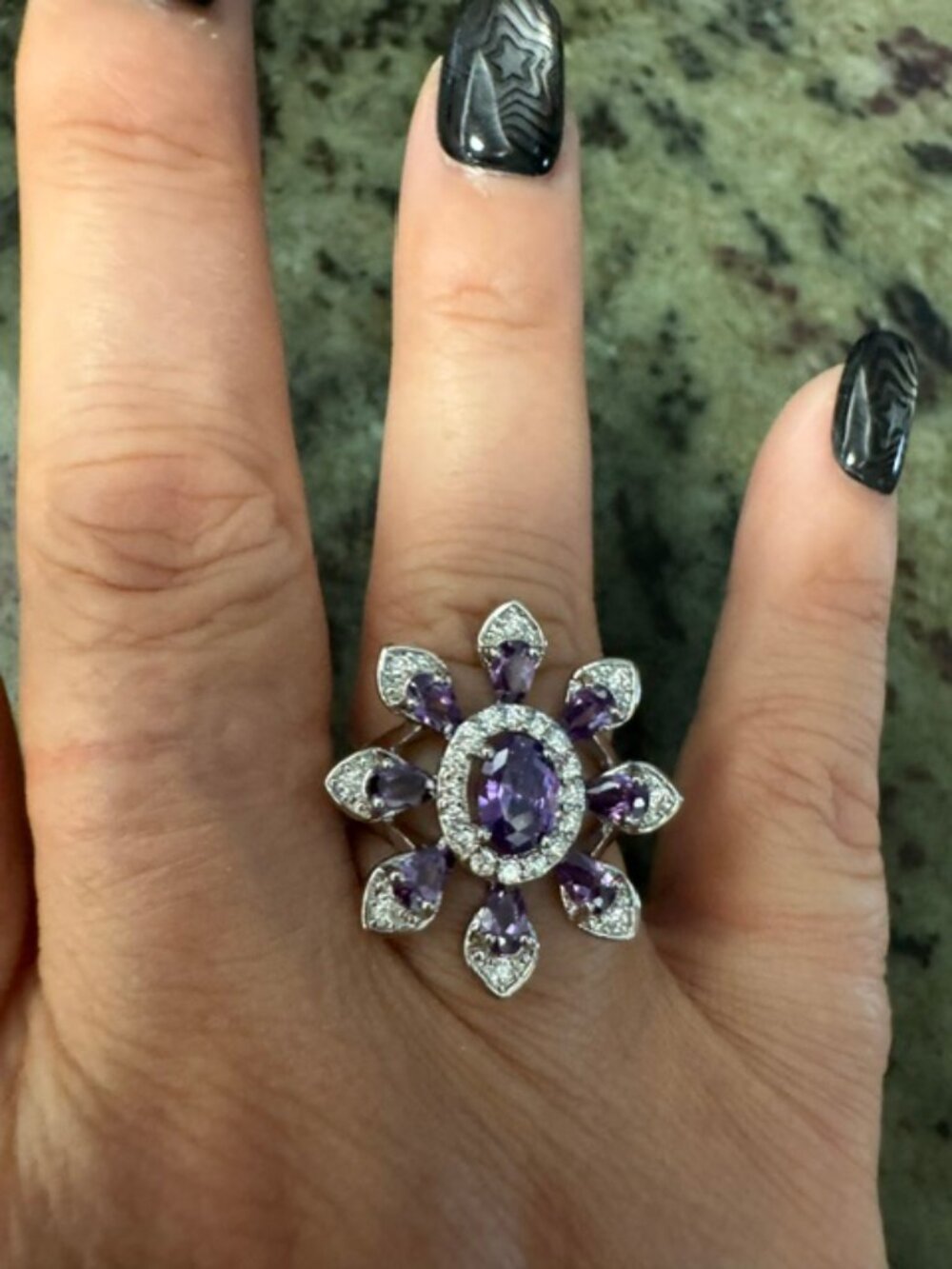 925 Sterling Silver Purple Flower Statement Ring with AAA CZ Stones Size 8 - NWT